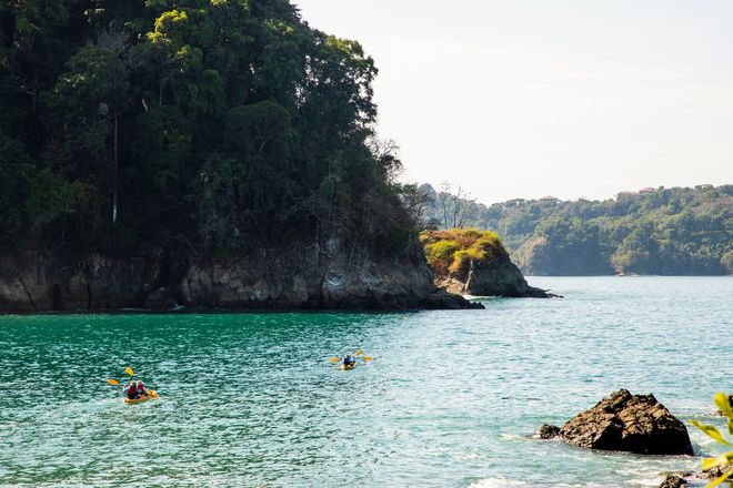 A couple of people are kayaking in a body of water.