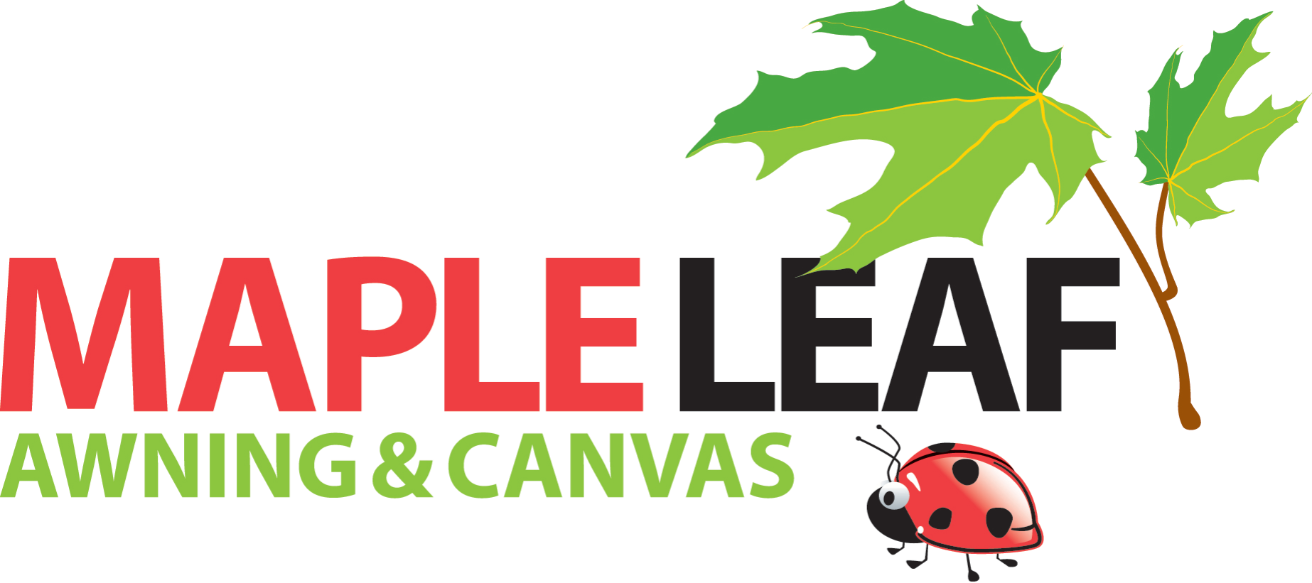 Maple Leaf Awning & Canvas logo with green leaf, red ladybug, and red-black text