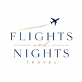 Flights and Nights Travel logo with navy text, gold accents, and an airplane silhouette overhead