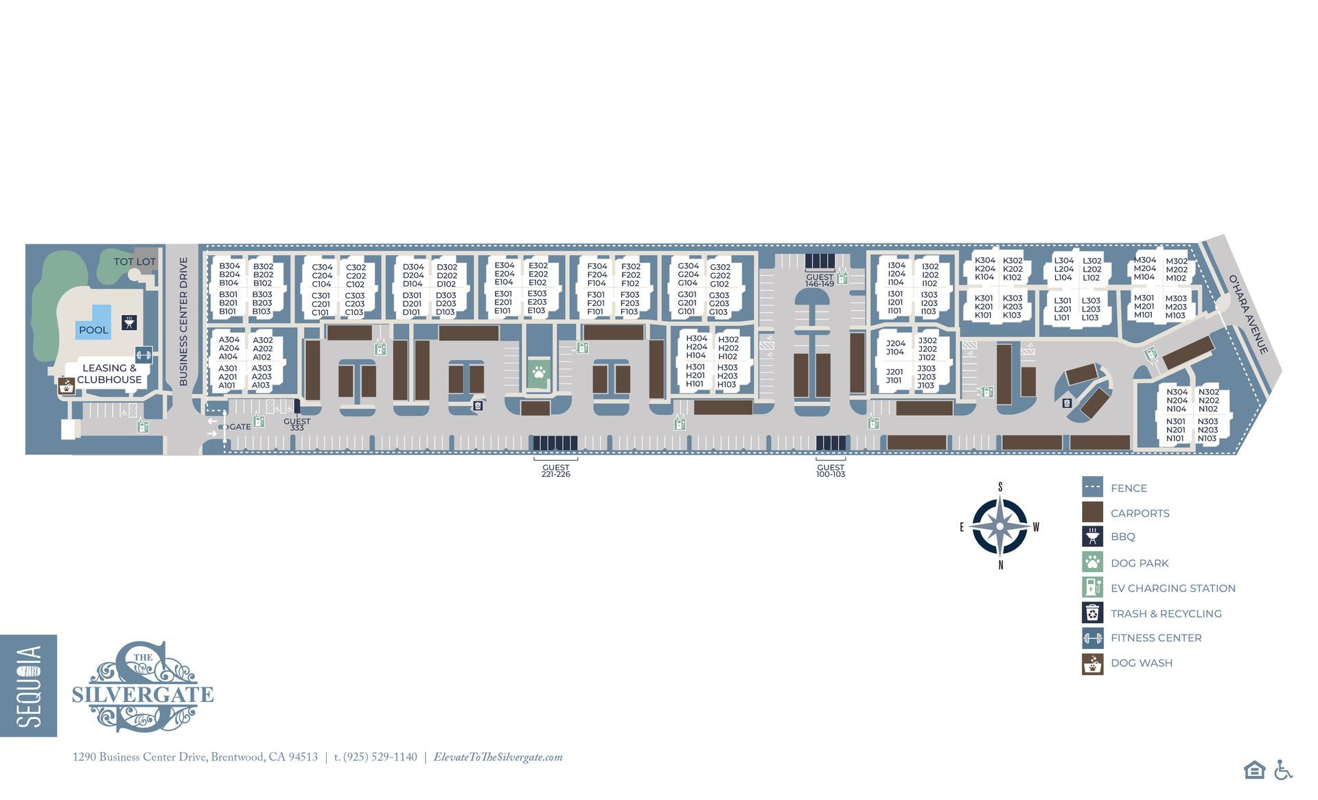 Floor plan of a building complex with units, shops, a pool, and green space, with a key in the lower right corner.