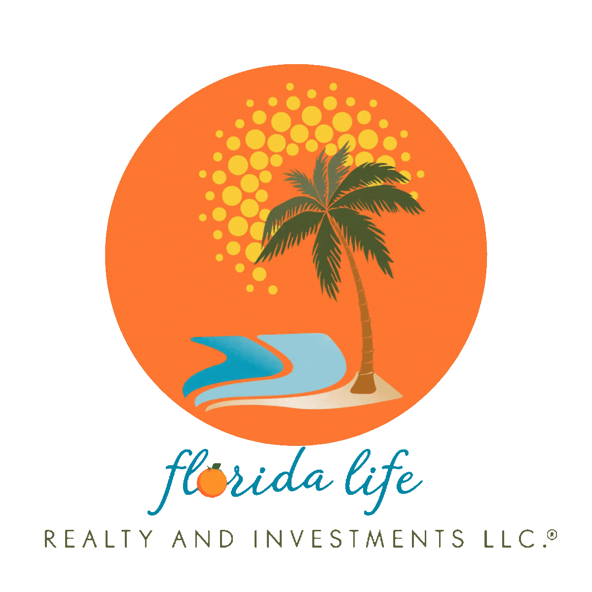 Florida Life Realty and Investments LLC logo with orange sun, palm tree, blue water, and teal script text