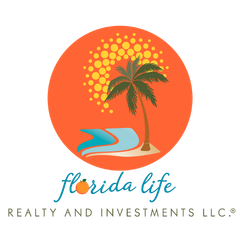Florida Life Realty and Investments LLC logo with orange sun, palm tree, and beach chair on a white background