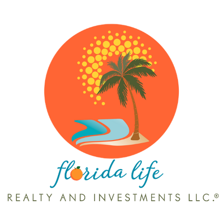 Florida Life Realty and Investments LLC logo with orange sun, palm tree, and beach chair on a white background