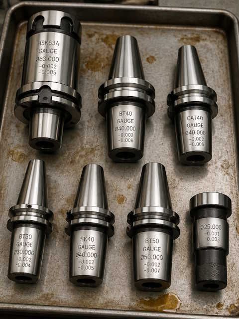 photo of magnific tool holder gauges arranged on an oil stained metal tray