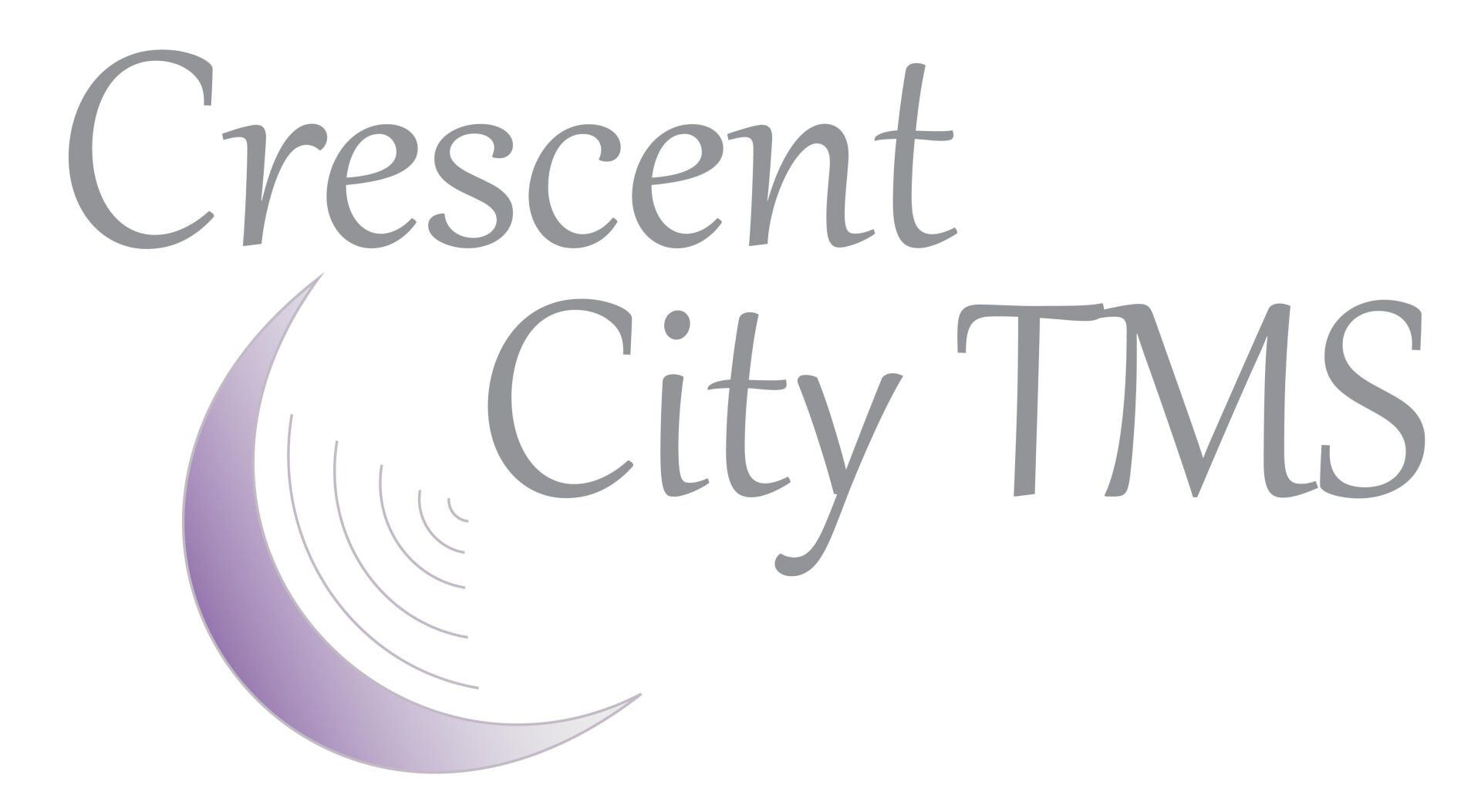The logo for crescent city tms is purple and white with a crescent moon.