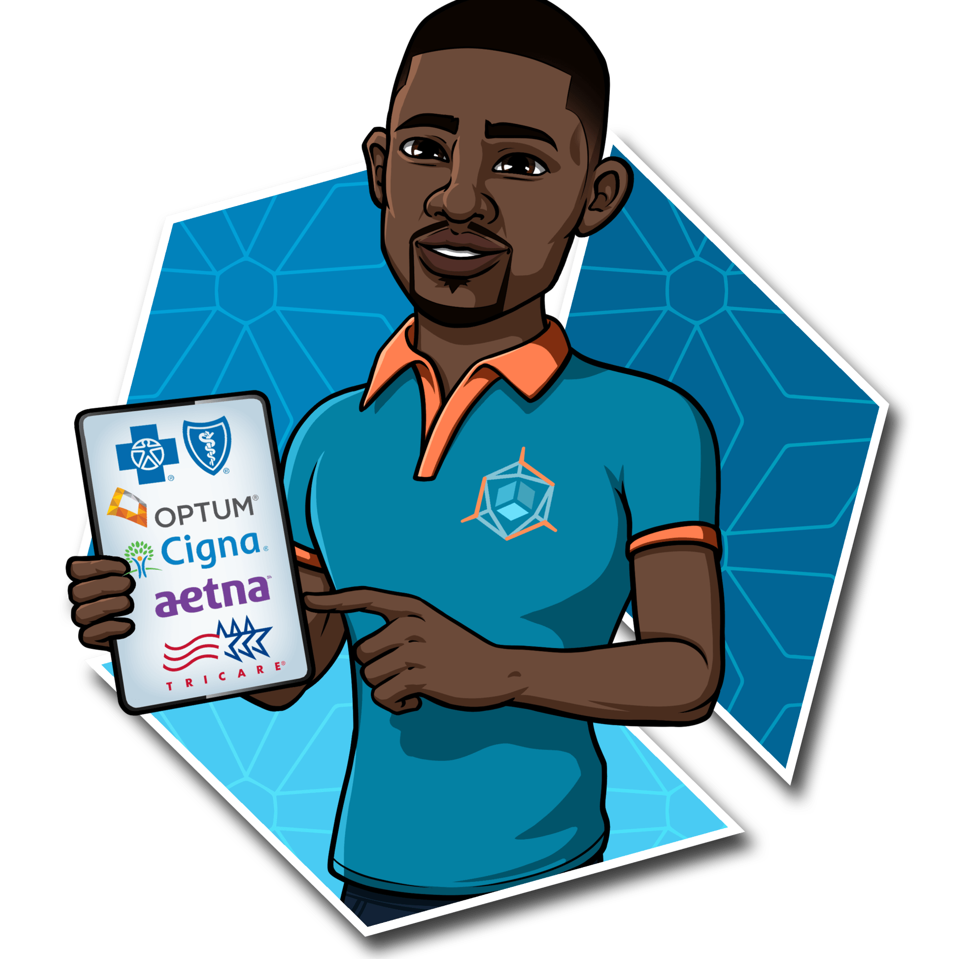 A cartoon of a man holding a tablet that says optum cigna aetna