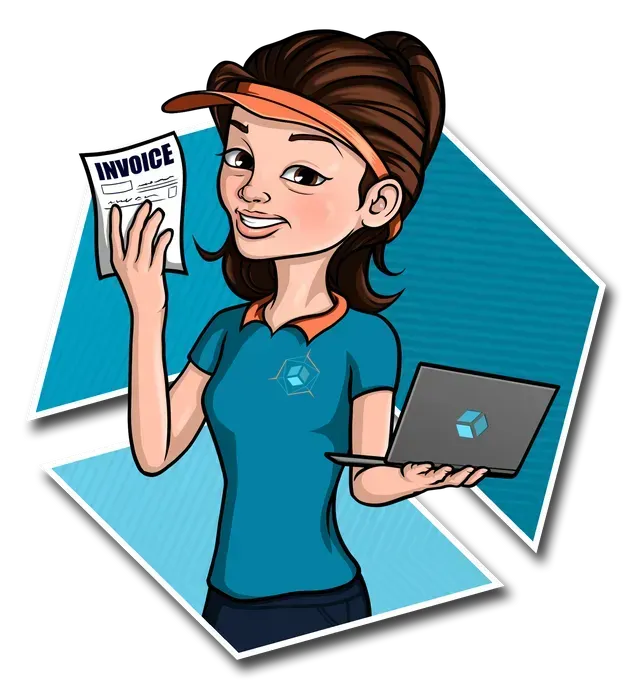 A cartoon of a woman holding an invoice and a laptop