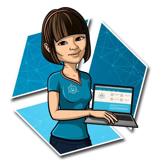 A cartoon of a woman holding a laptop computer.