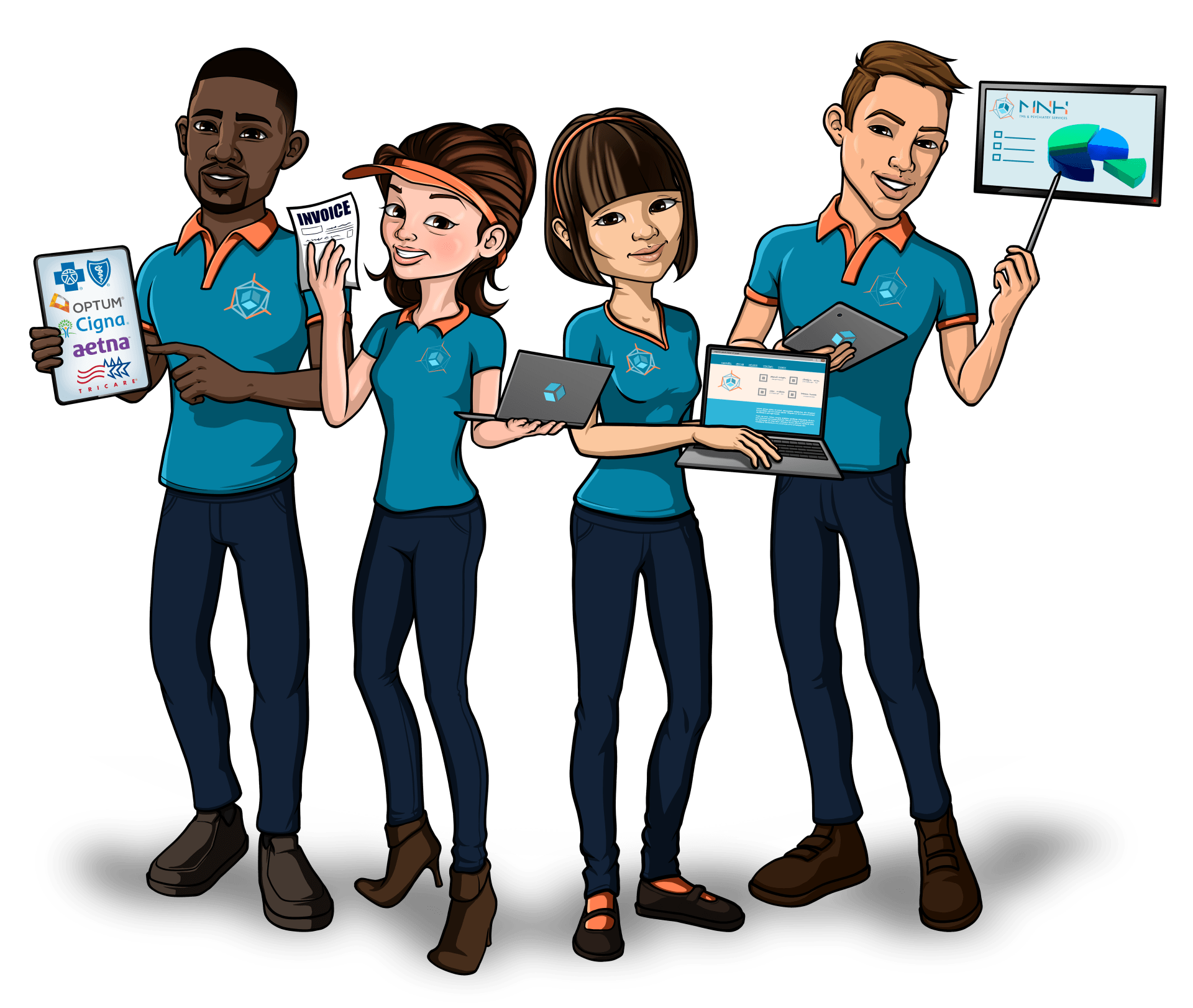 A group of people are standing next to each other holding laptops and papers.