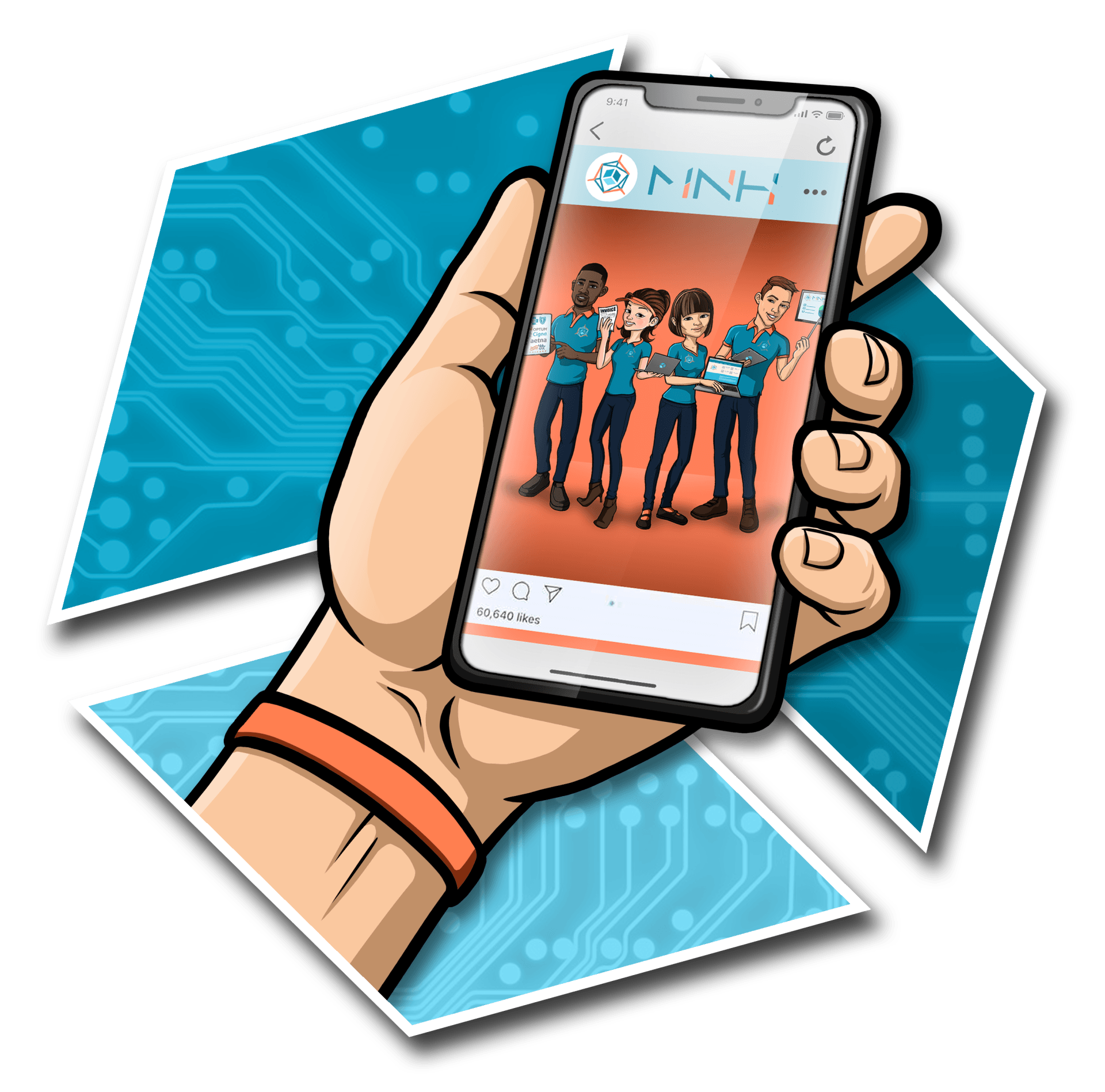 A hand is holding a cell phone with a group of people on the screen.