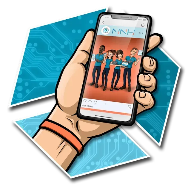 A hand is holding a cell phone with a group of people on the screen
