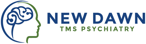 The logo for new dawn tms psychiatry shows a head with a brain.