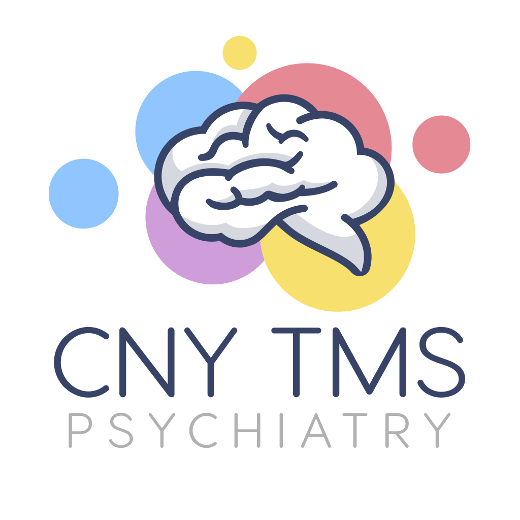 A logo for cny tms psychiatry with a brain and colorful circles.