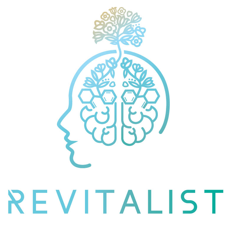 A logo for a company called revitalist with a brain and flowers coming out of it.