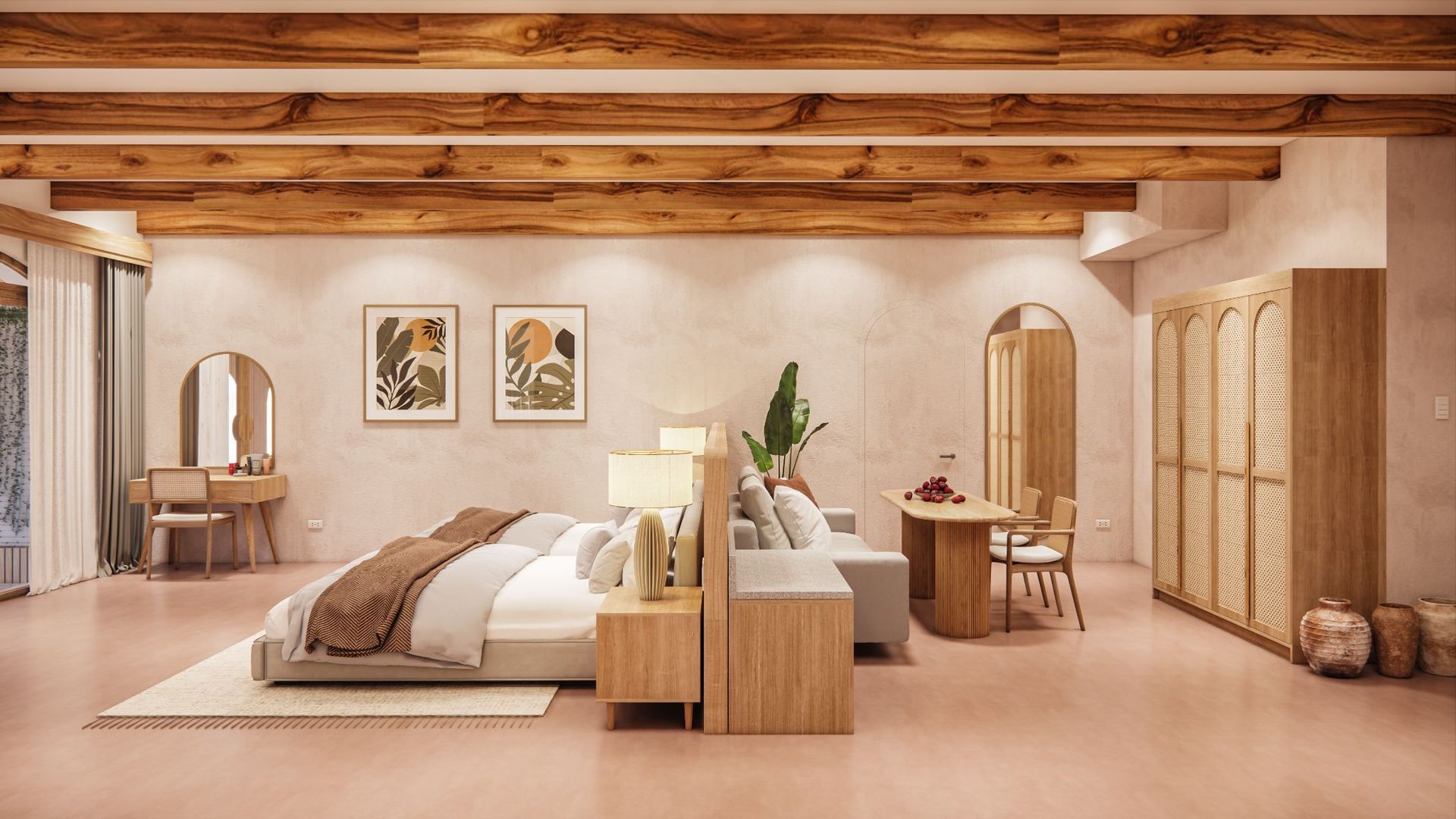Cozy beige bedroom with exposed wood beams, low bed, desk, and woven room divider in soft neutral tones