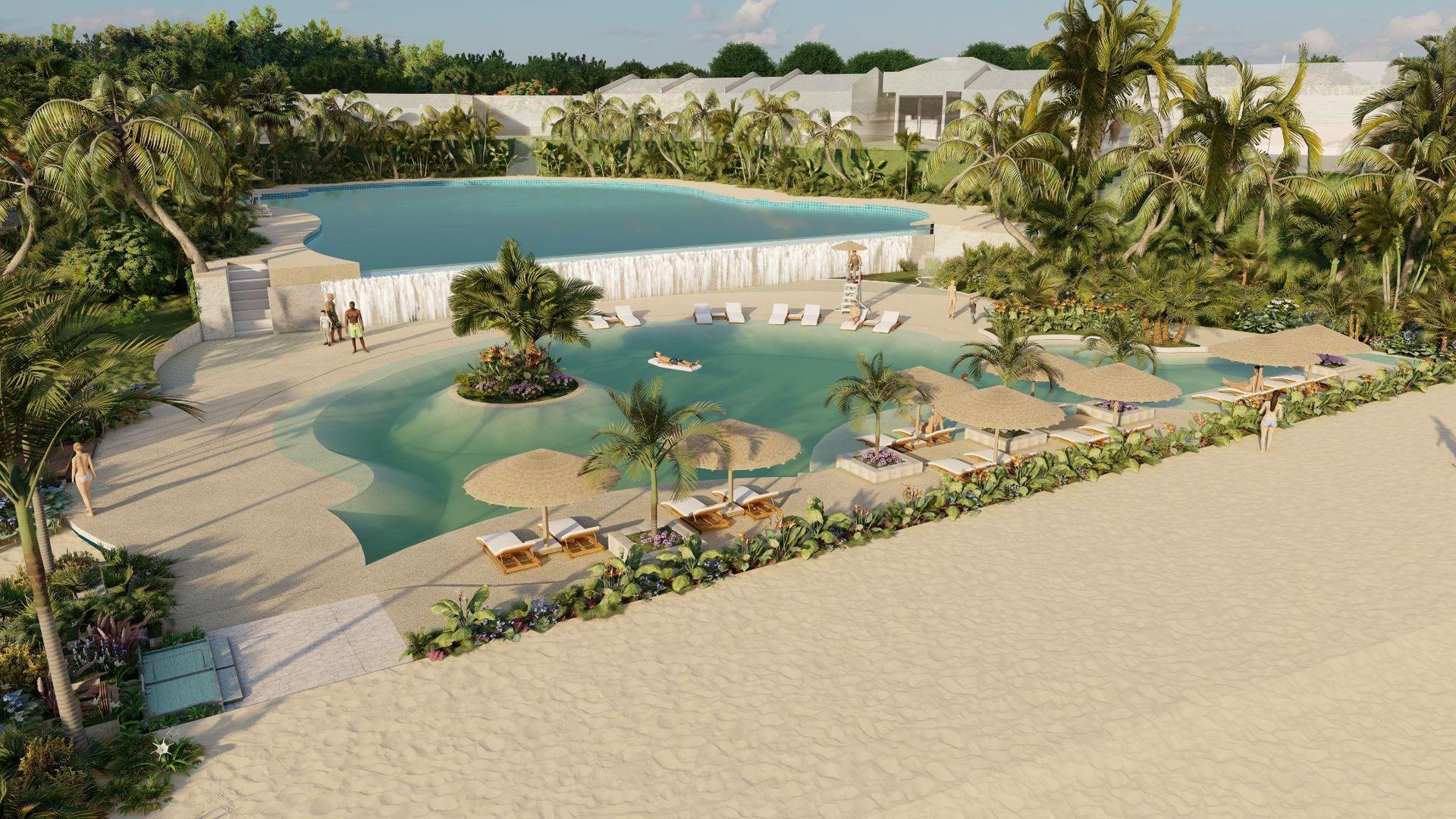 A tropical resort area with tiered swimming pools, palm trees, sandy beaches, and lounge chairs.