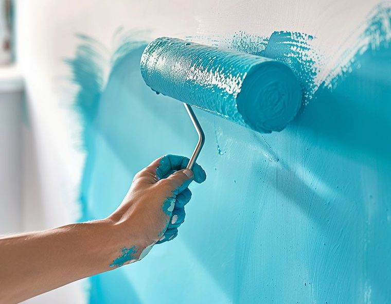 Hand painting a wall with a turquoise roller, leaving broad blue strokes.