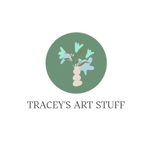 Logo reading &ldquo;Tracey&rsquo;s Art Stuff&rdquo; with a green circle and a vase of abstract flowers
