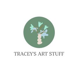 Logo reading &ldquo;Tracey&rsquo;s Art Stuff&rdquo; with a green circle and a vase of abstract flowers