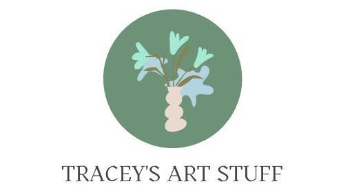 Logo with a green circle and a stylized vase of flowers above the text “TRACEY’S ART STUFF”