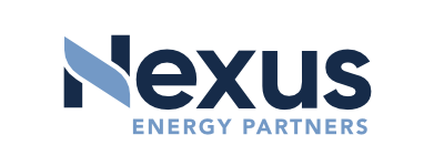The logo for nexus energy partners is blue and white.
