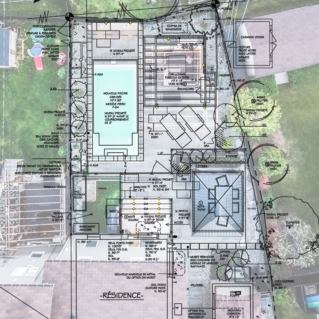 Plan architectural d'aménagement d'un jardin résidentiel avec piscine rectangulaire, terrasse, pergola et coin repas.