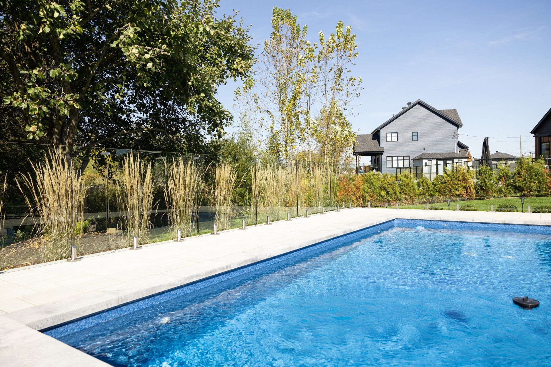 Une piscine d'un bleu éclatant se dresse sur une terrasse blanche, bordée d'une clôture en verre, avec une végétation luxuriante et une maison moderne en arrière-plan.
