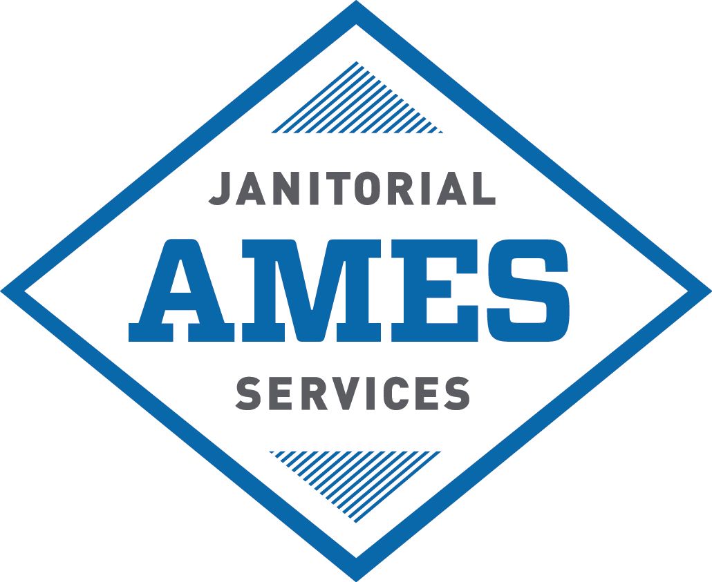 A blue and white logo for janitorial ames services