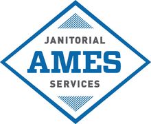 A blue and white logo for janitorial ames services
