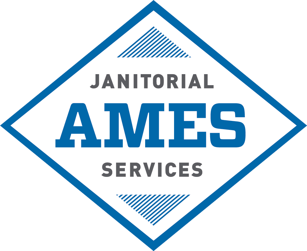 A blue and white logo for janitorial ames services