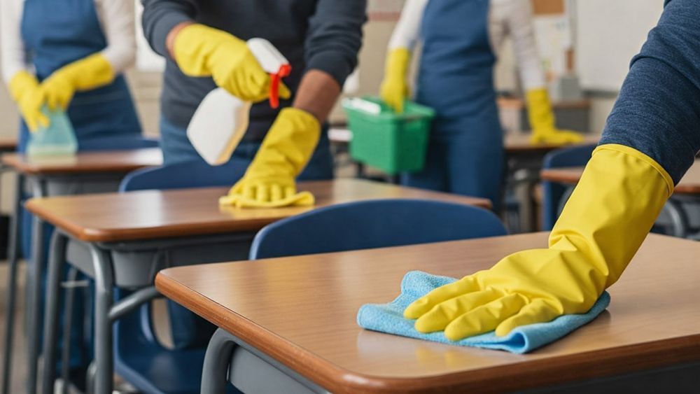 Several people wearing yellow rubber gloves and blue uniforms sanitize wooden school desks in a classroom.