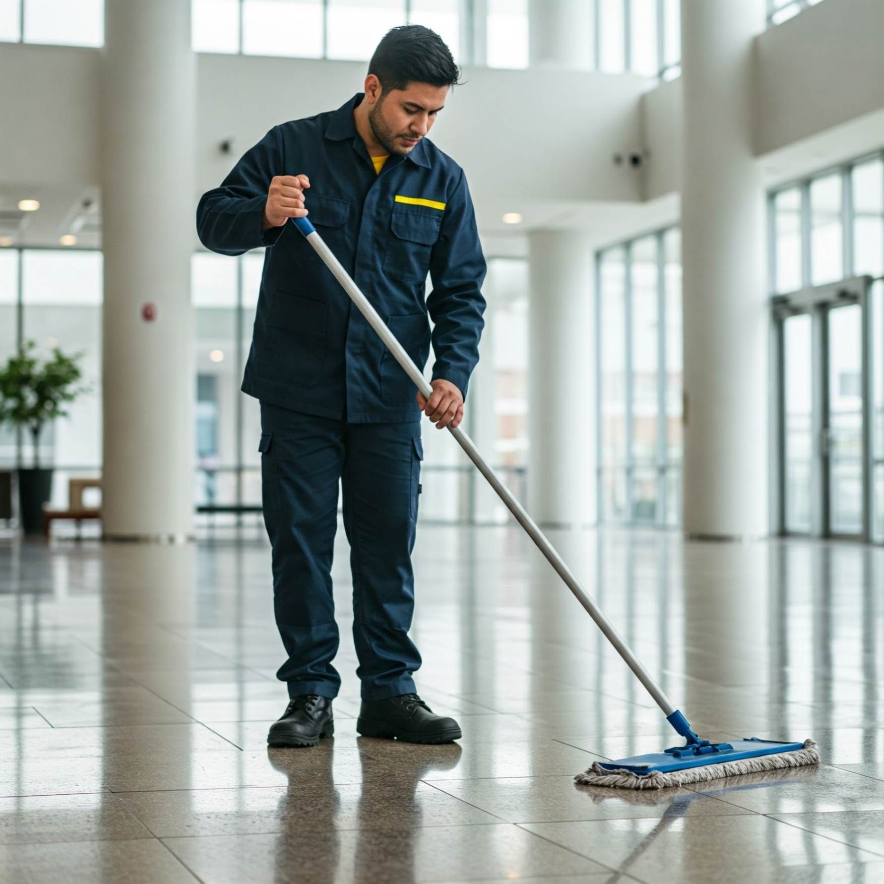 An Janitor in a blue coat mopping a large, shiny floor in a School Cafeteria.
