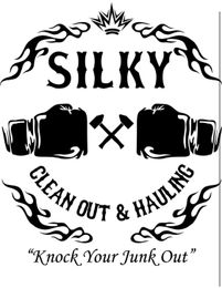 A black-and-white logo for "Silky Clean Out & Hauling" featuring boxing gloves, tools, and the slogan, "Knock Your Junk Out."