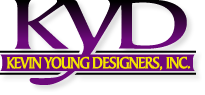 A purple and yellow logo for kevin young designers inc.