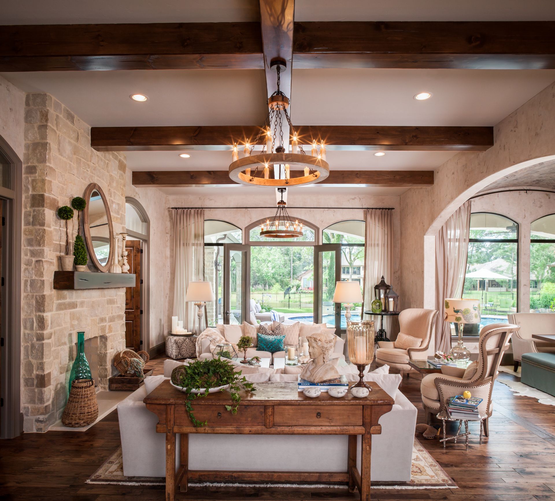 A living room filled with furniture and a chandelier