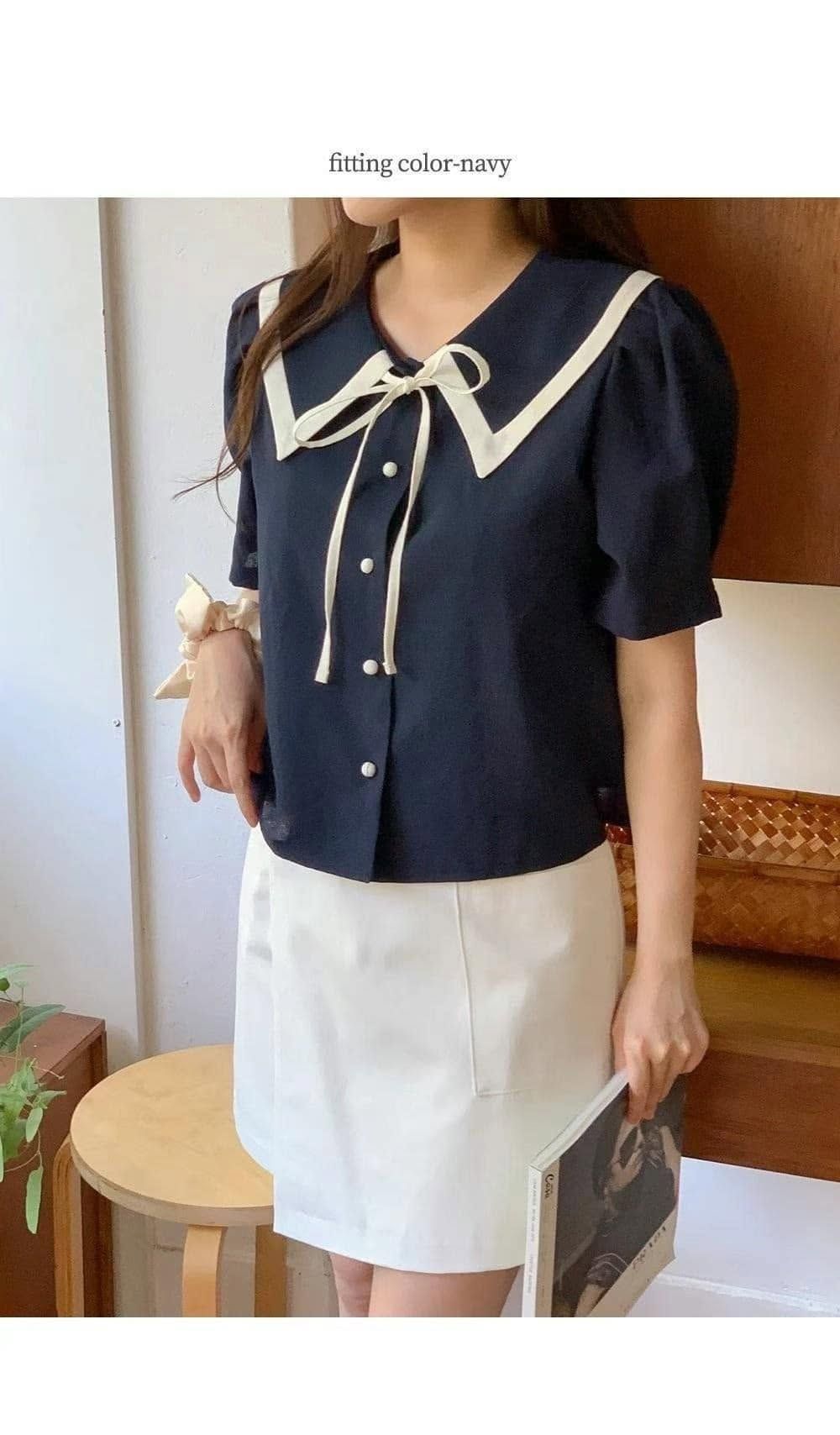 學院風拼色綁帶襯衫
