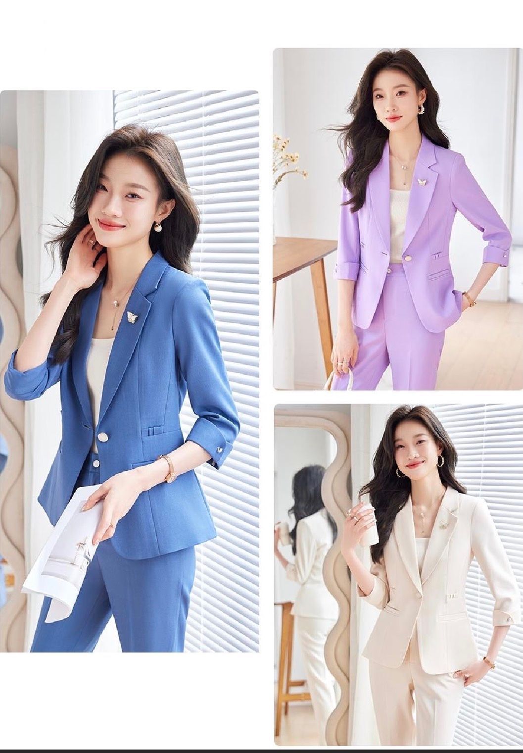 「知性側影」|修身顯瘦七分袖高級感西裝套裝-米白