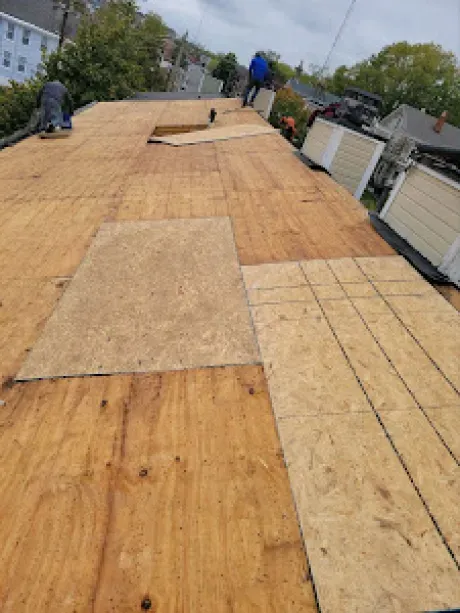 A during shot of a residential roof repair in Hamilton, OH by Haubner Construction
