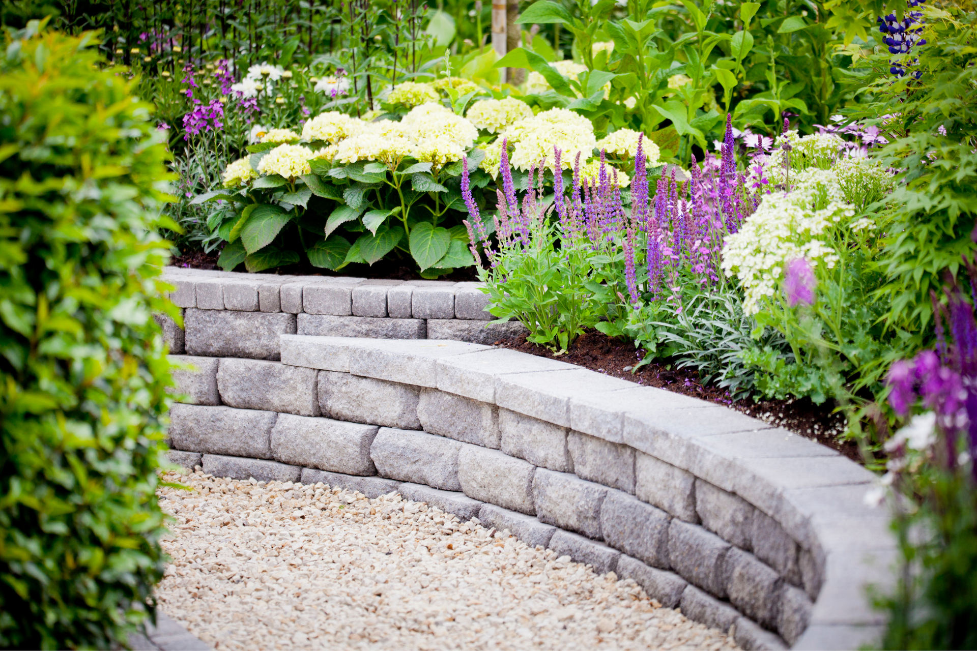 A stone retaining wall in a garden surrounded by flowers and bushes.