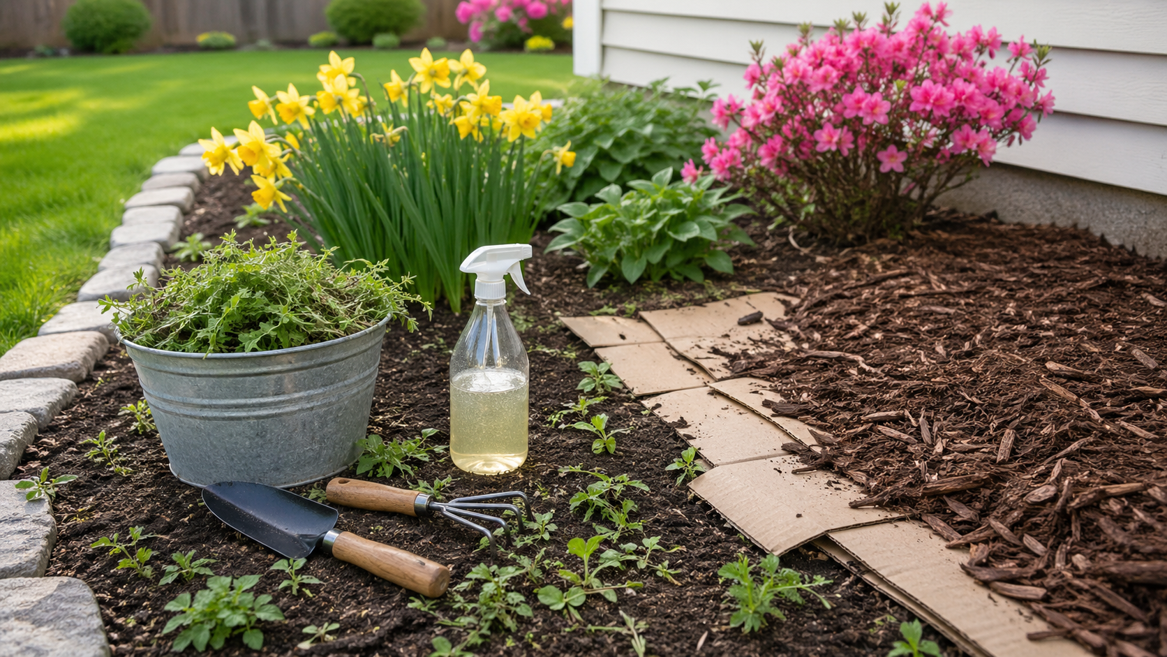 Eco-friendly spring weed control in a Janesville, WI garden bed with pulled weeds, hand weeder, spra