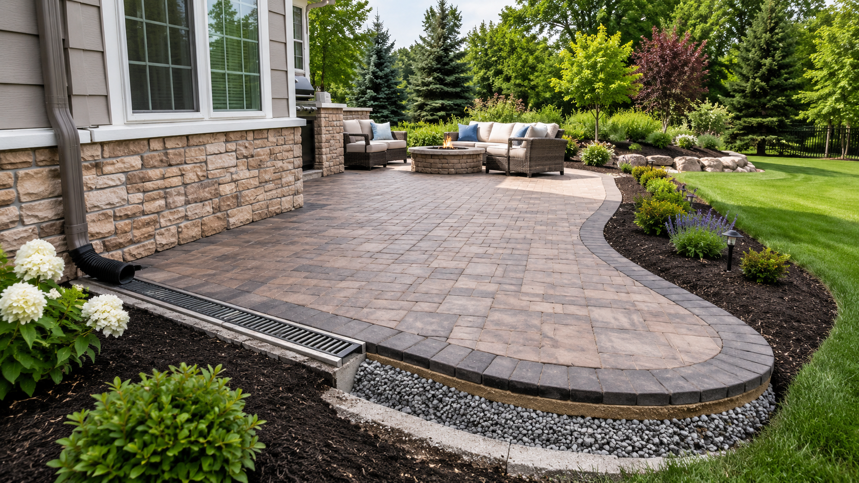 Brick paver patio with drainage prep, channel drain, gravel base, and graded landscaping