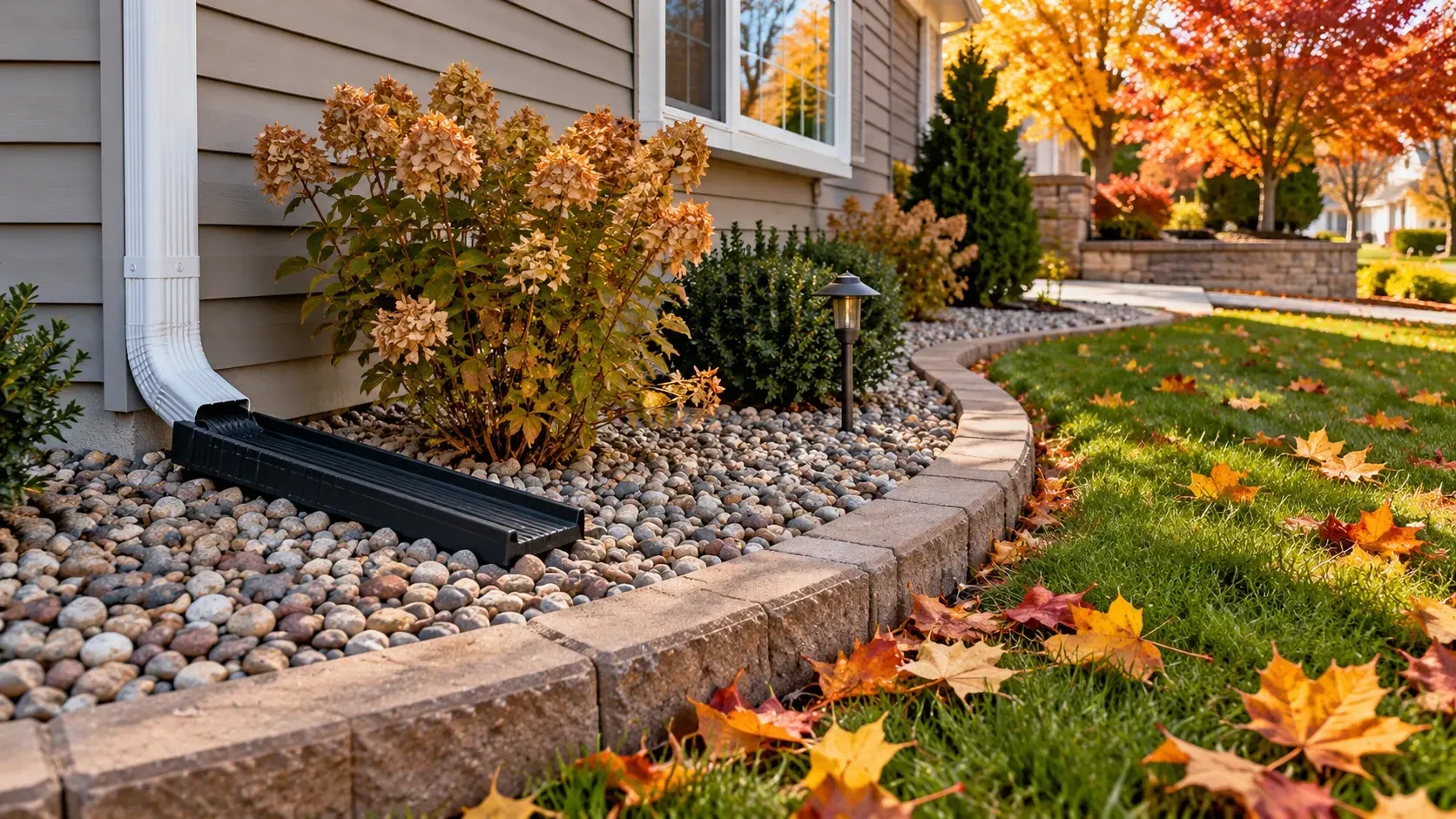 Fall landscape bed with downspout drainage, rock edging, and grading near a Janesville, WI home