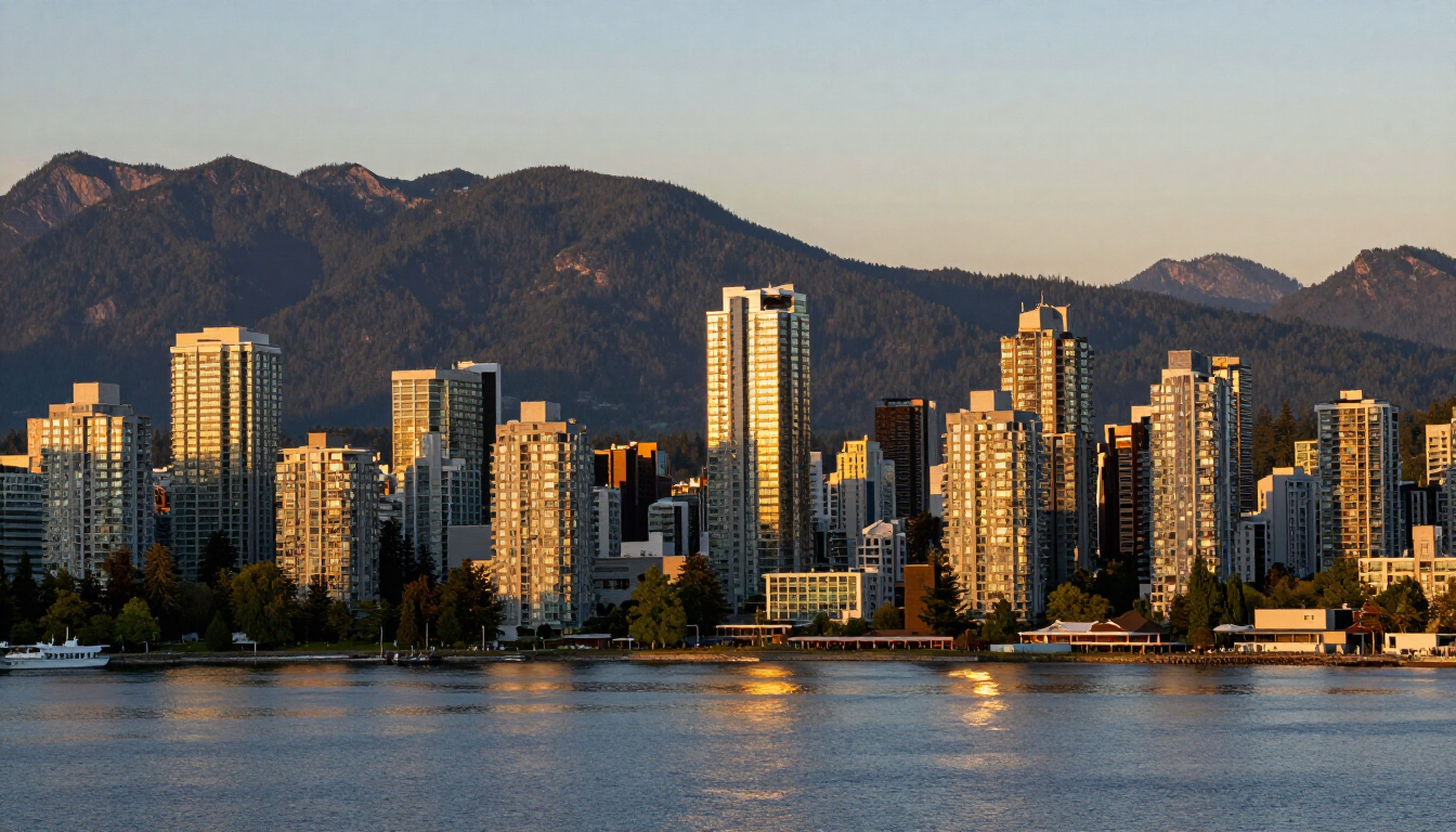 Aerial view of Vancouver cityscape and surrounding natural beauty.