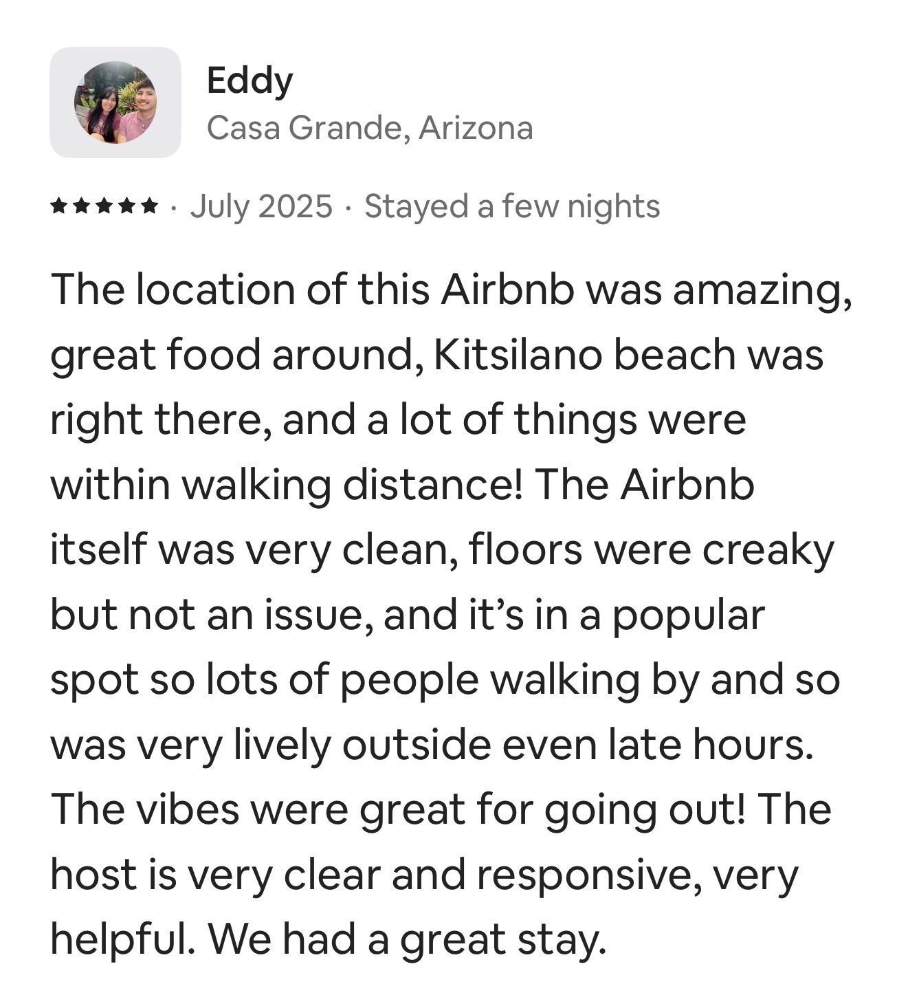 An Airbnb review by user Eddy, dated July 2025, describing a clean, lively, and conveniently located stay.star