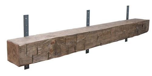 Metal strap installation and mounting for rustic solid wood fireplace barn beam