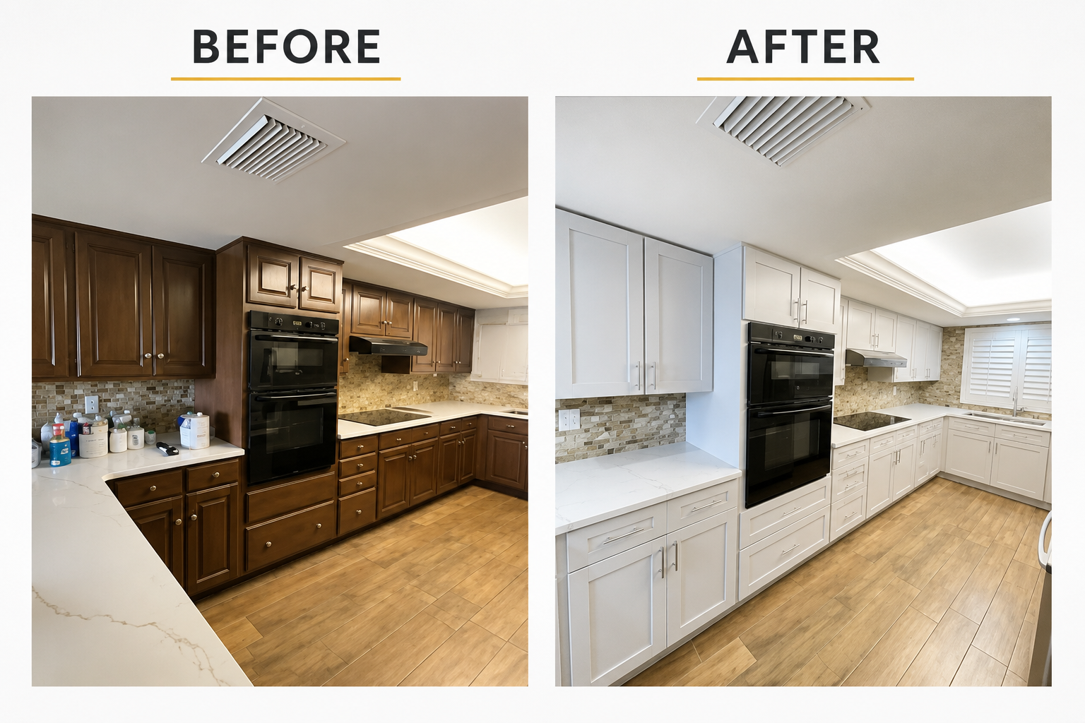 Before-and-after kitchen remodel showing dark wood cabinets replaced with white cabinetry and brighter finishes.