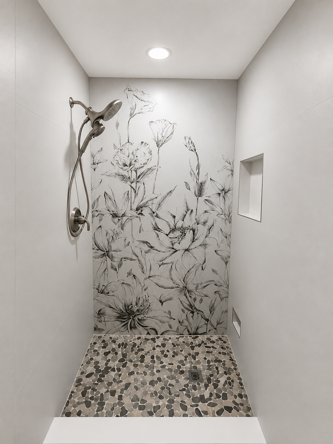 Modern shower stall with white walls, floral mural, and pebble-patterned floor.