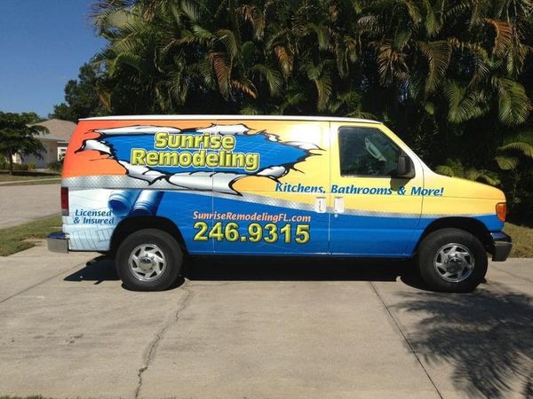 Sunrise Remodeling van parked on a driveway, with blue and orange graphics and phone number 246-9315.