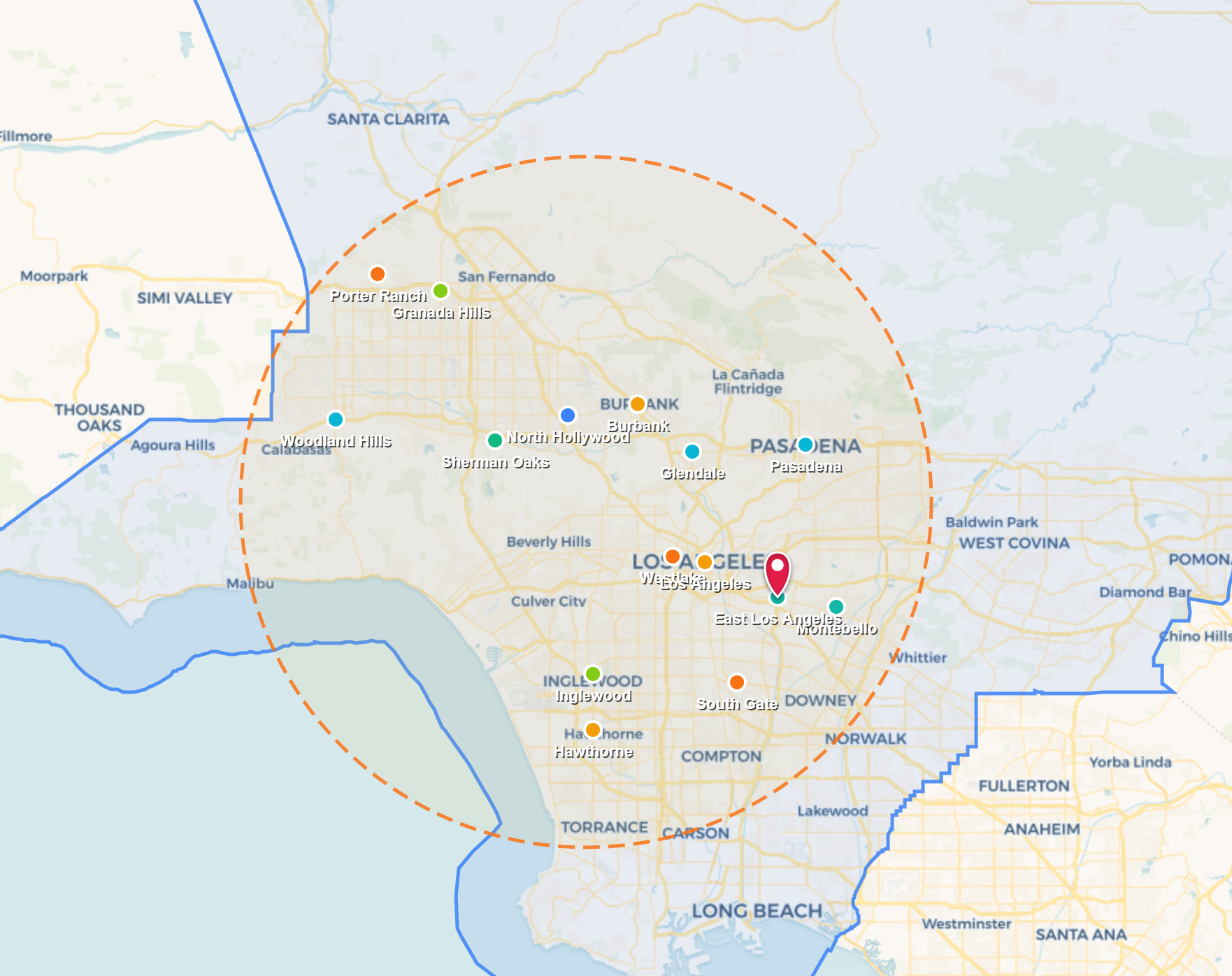 Map with colored boundary outlines and many location markers around a central area.