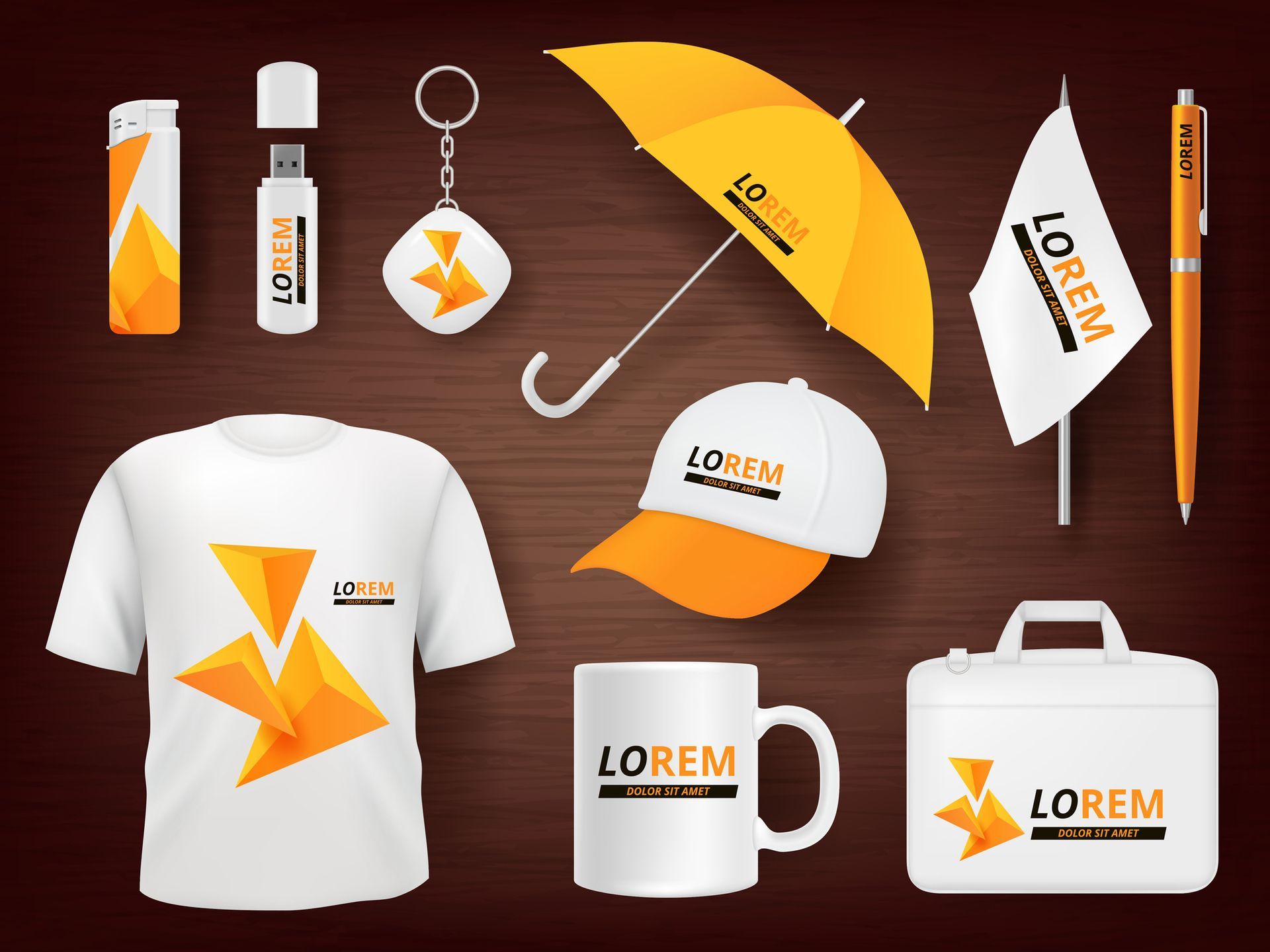 A set of promotional items on a wooden table.